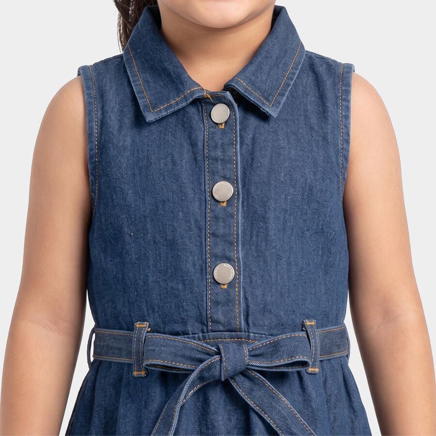 Girls' Navy Blue Tiered Belted Shirt Style Frock, गहरा नीला, large