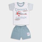 Boys' White Cotton Round Neck Printed Baba Suit, Teal Blue, small