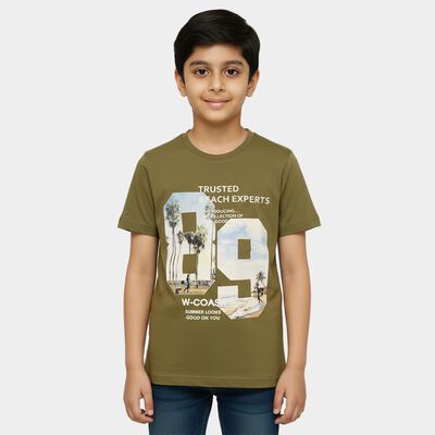 Boys Muted Olive Green Round Neck Casual T-Shirt