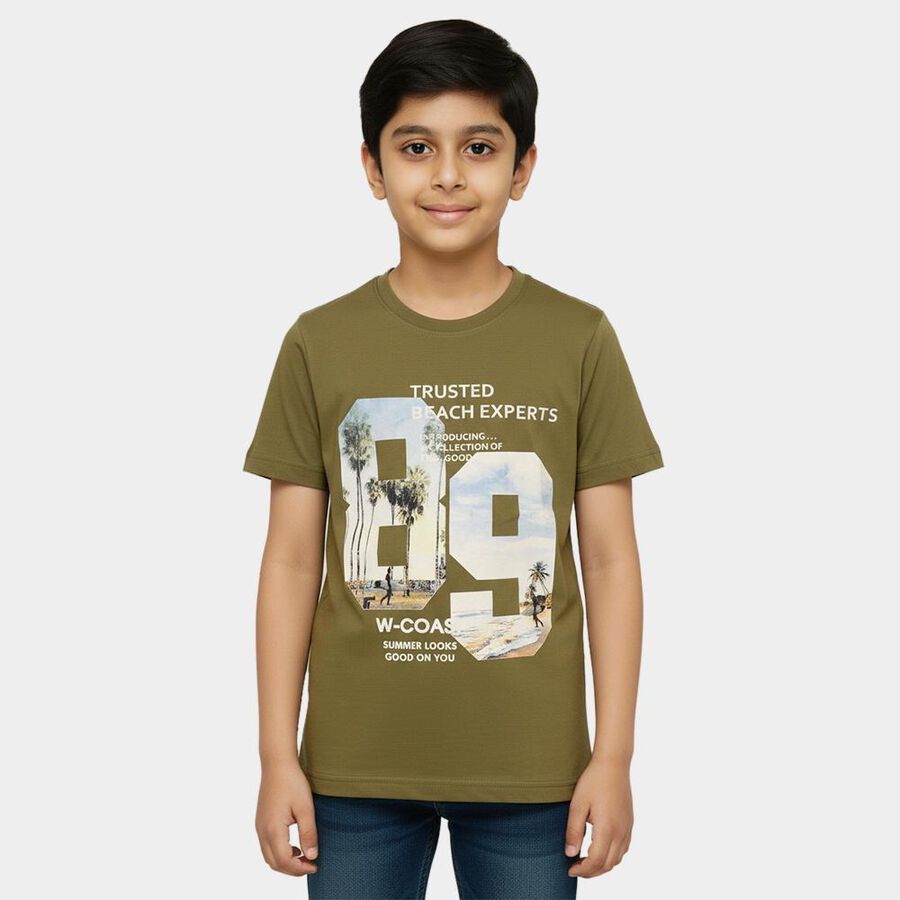 Boys Muted Olive Green Round Neck Casual T-Shirt, Olive, large image number null