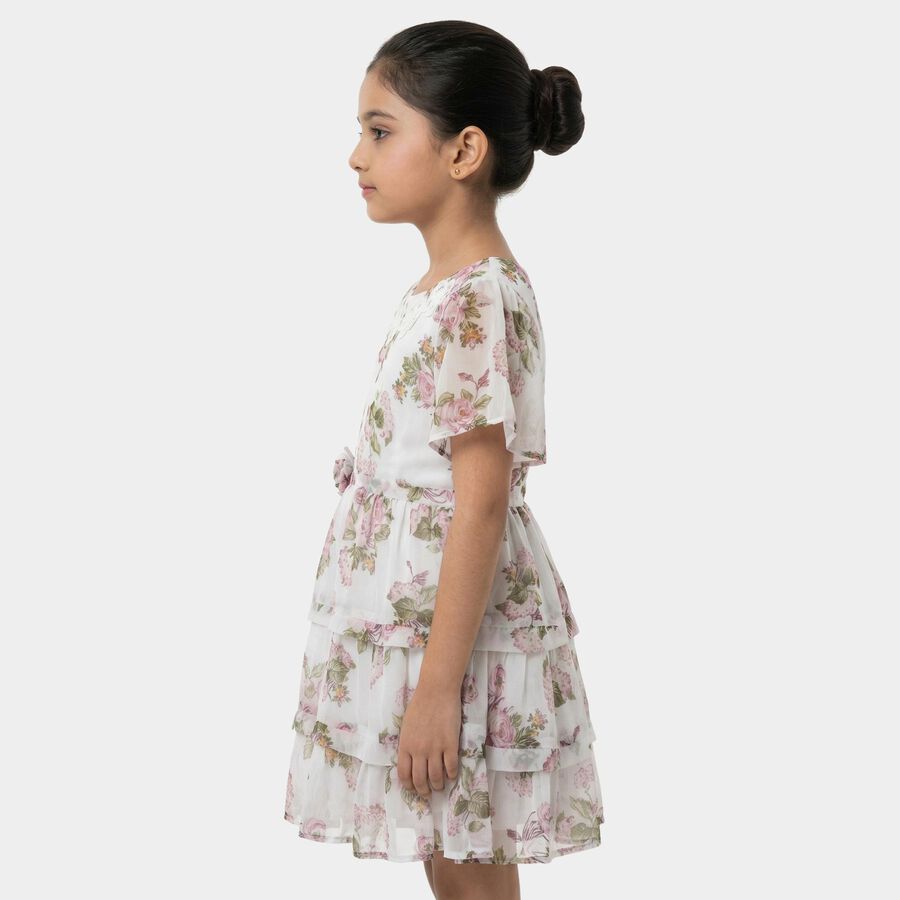Girls White Round Neck Floral Layered Dress, सफ़ेद, large