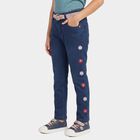 Girls' Navy Blue Straight Fit Embroidered Jeans, गहरा नीला, small