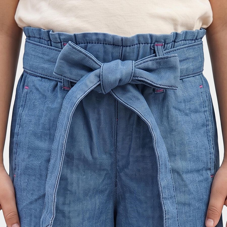 Girls Blue Wide Leg Embroidered Jeans, Mid Blue, large