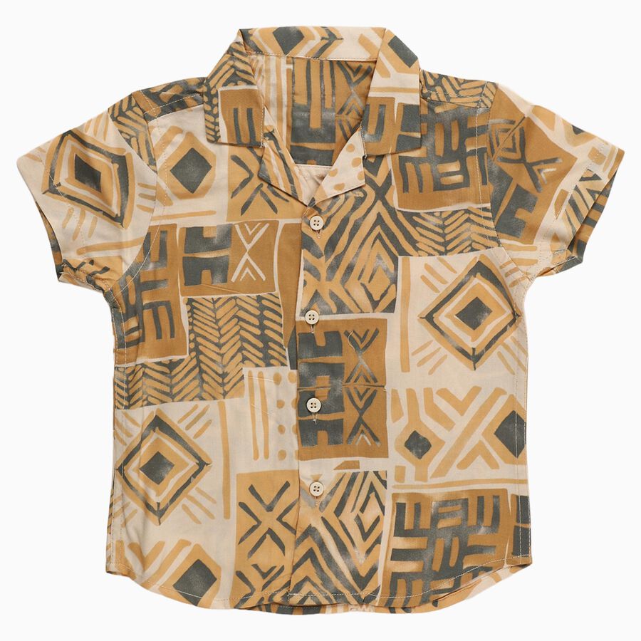 Boys Beige and Brown Cuban Collar Casual Shirt, Off White, large