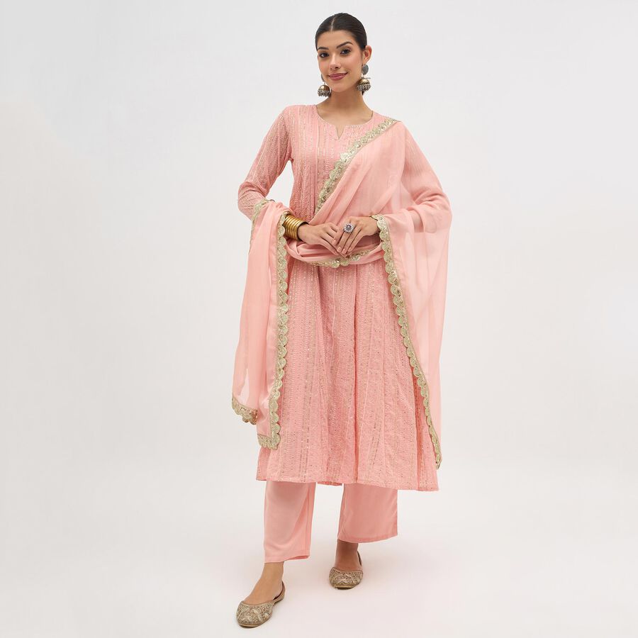 Women's Light Pink Round Neck Embroidered Kurta, Light Pink, large image number null