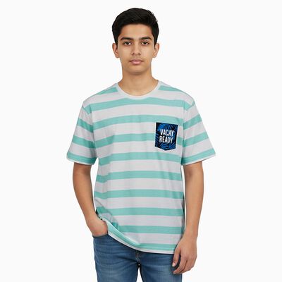 Boys Bright Aqua Blue Cotton Crew Neck Casual T-Shirt