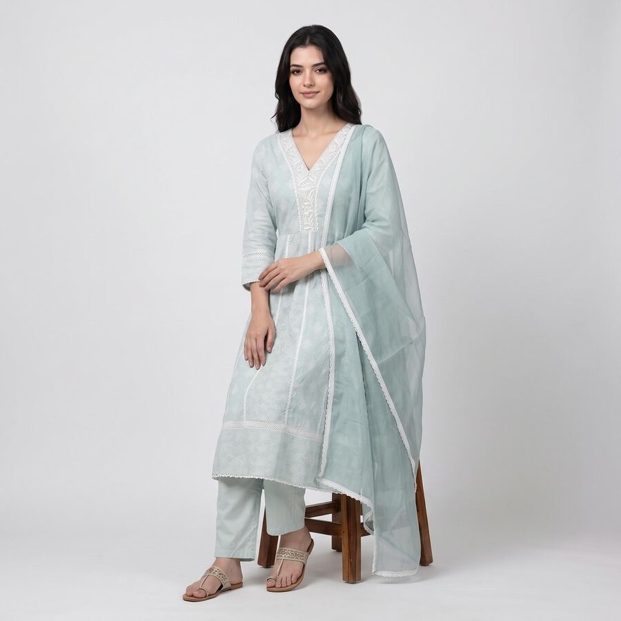 Women's Aqua Cotton Embroidered Ethnic Set, Aqua, large