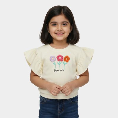 Girls Beige Round Neck Ruffle Sleeve Graphic T-Shirt