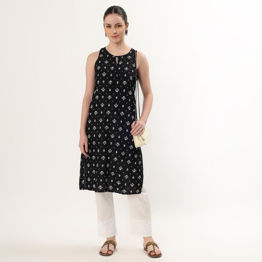 Women's Black Tie-Up Neck Printed Kurta, Black, large image number null
