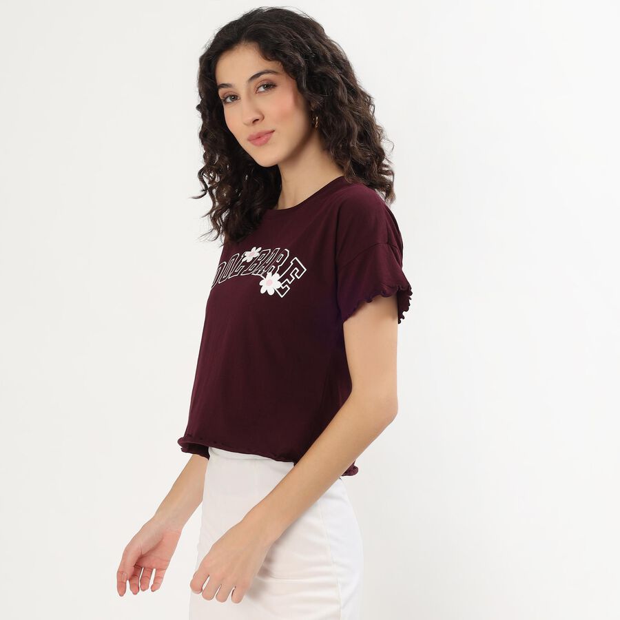 Women's Deep Wine Cotton Round Neck Casual T-Shirt, Wine, large