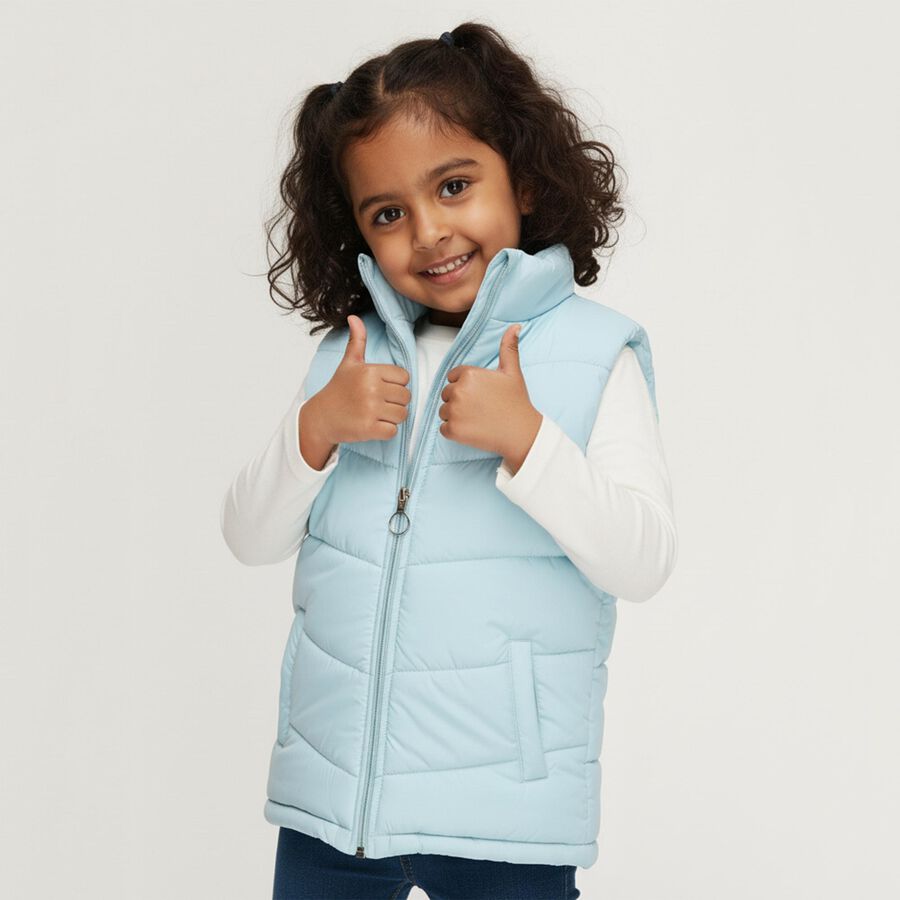 Girls' Light Blue High Neck Sleeveless Jacket, Light Blue, large image number null