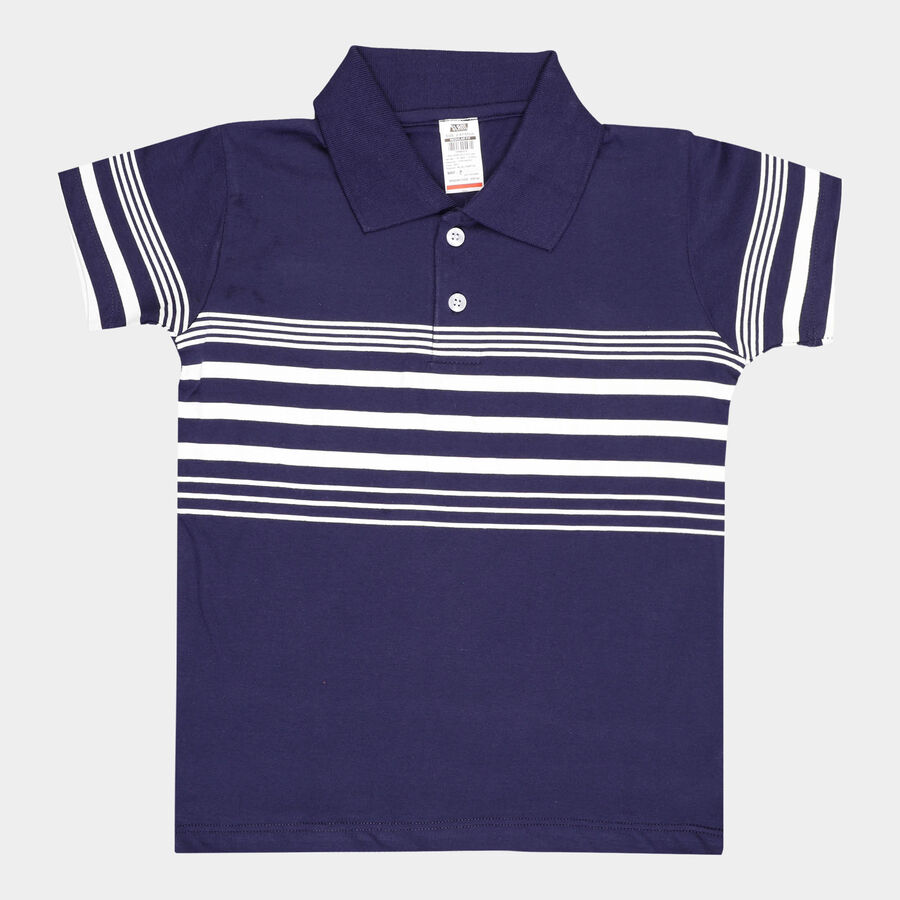 Boys Cotton Stripes T-Shirt, Navy Blue, large image number null