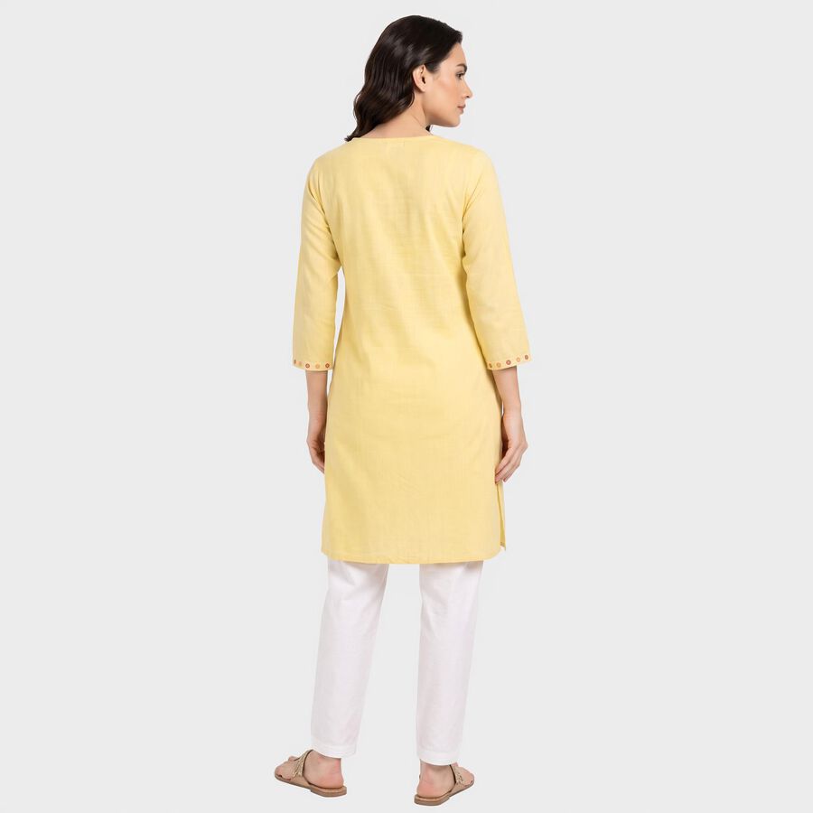 Women's Yellow V-Neck Embroidered Kurta, Yellow, large