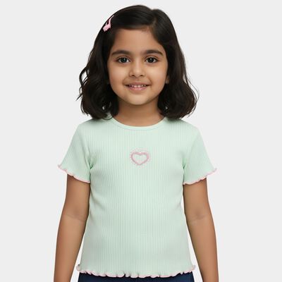 Girls' Mint Green Cotton Round Neck Casual T-Shirt
