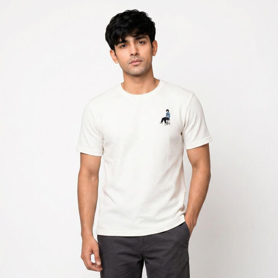 Men's White Round Neck Regular T-Shirt, White, large