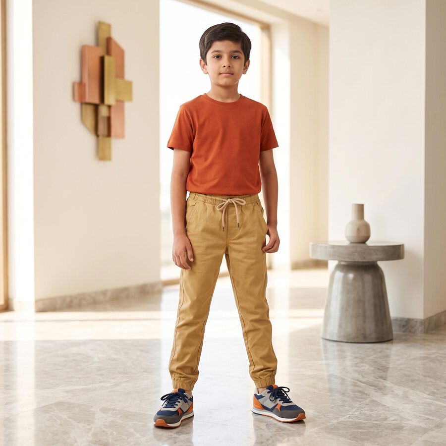 Boys' Beige Regular Fit Drawstring Jogger Trousers, Khaki, large