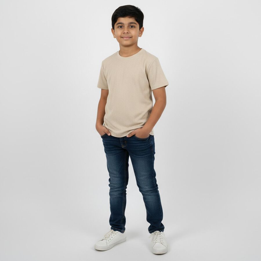 Boys Light Beige Crew Neck Casual T-Shirt, गहरा पीला, large image number null