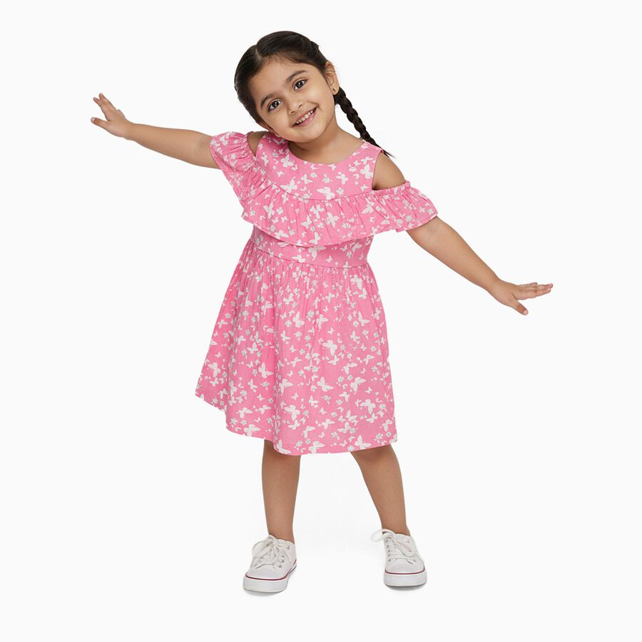 Girls' Bright Pink Butterfly Print Cold-Shoulder A-Line Frock, Pink, large image number null
