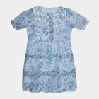 Girls' Blue Round Neck Sleeveless Tiered Dress, Mid Blue, small