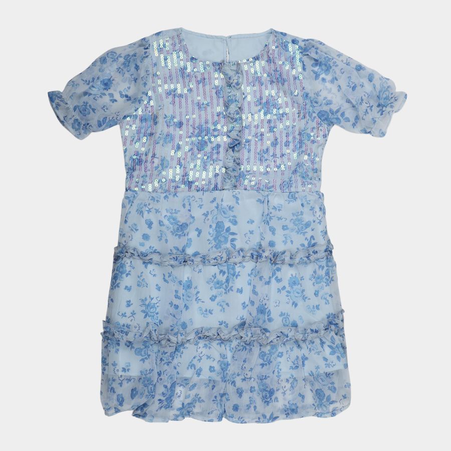 Girls' Blue Round Neck Sleeveless Tiered Dress, Mid Blue, large