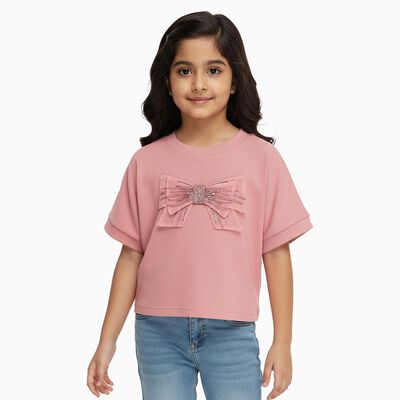 Girls Bright Pink Round Neck Casual T-Shirt