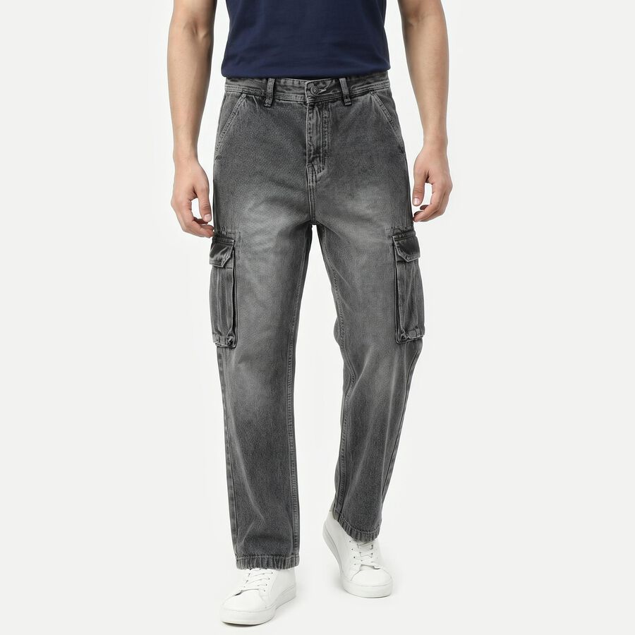 Men's Grey Cargo Fit Washed Jeans, Light Grey, large
