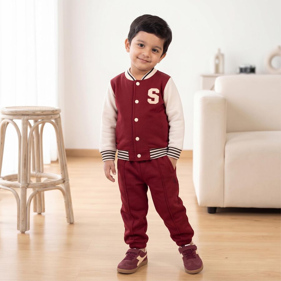 Boys' Red Round Neck Varsity Appliqu&eacute; Baba Suit, Red, large