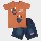 Boys' Brown 100% Cotton Crew Neck Graphic Print Baba Suit, भूरा, small