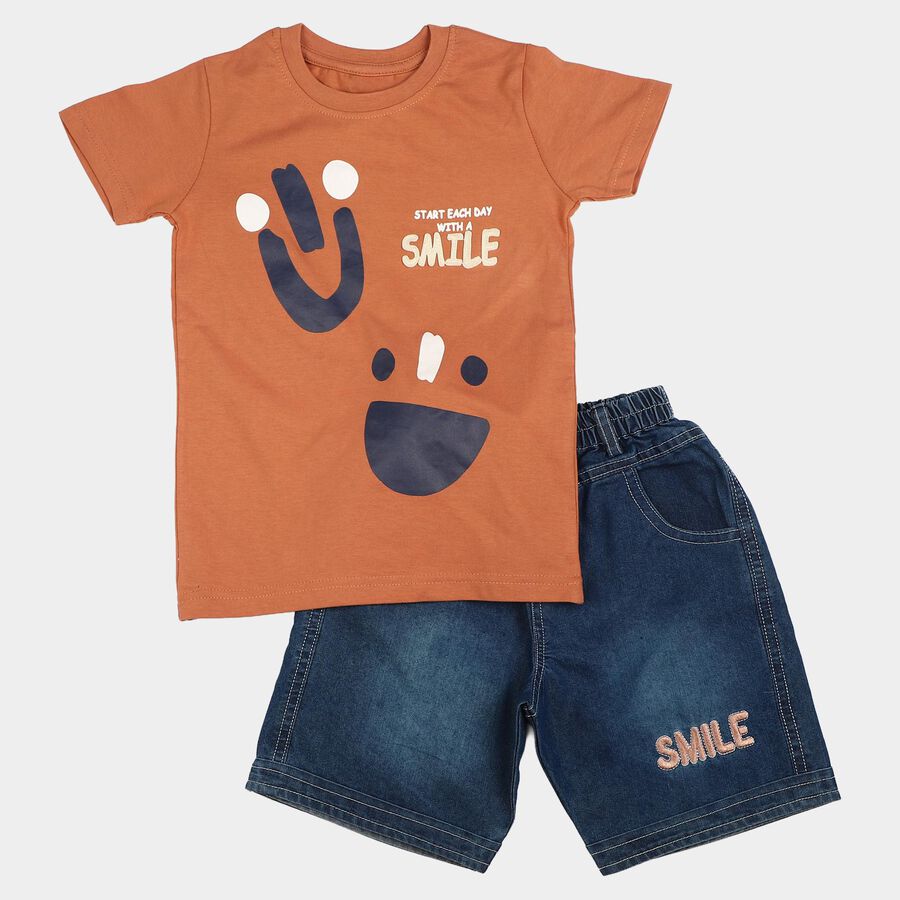 Boys' Brown 100% Cotton Crew Neck Graphic Print Baba Suit, भूरा, large