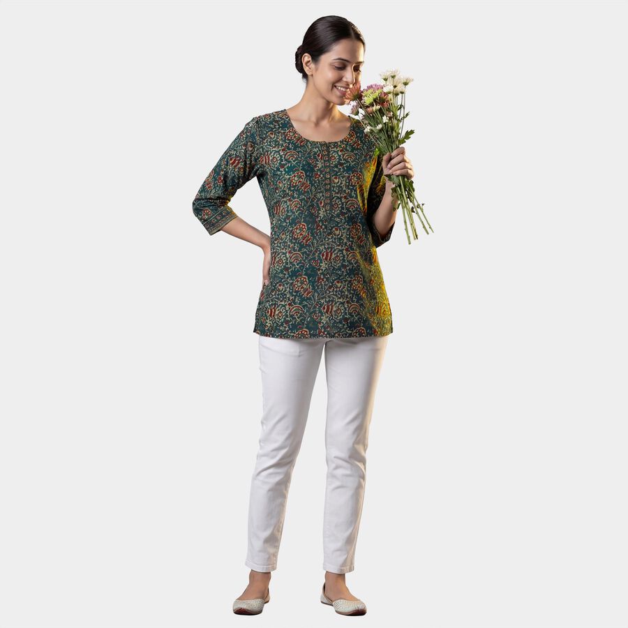 Women's Green Cotton Notch Neck Floral Printed Kurti, Dark Green, large