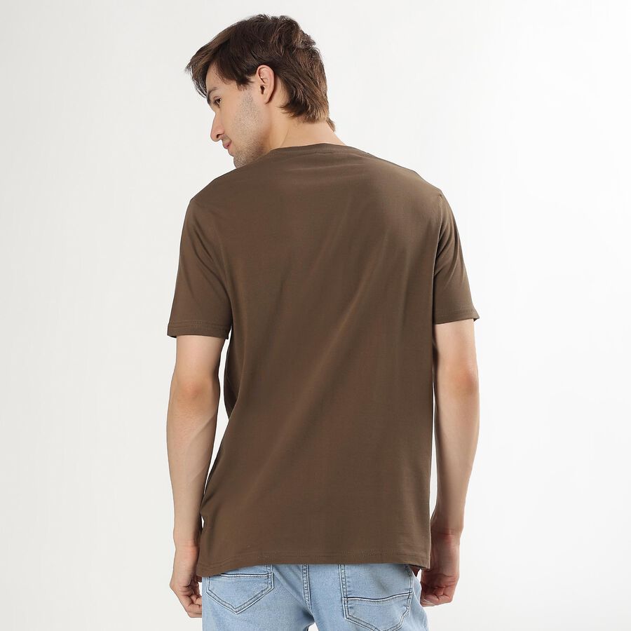 Men's Deep Brown Cotton Round Neck Solid T-Shirt, Khaki, large