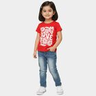 Girls' Red Cotton Blend Round Neck Casual Printed T-Shirt, Red, small