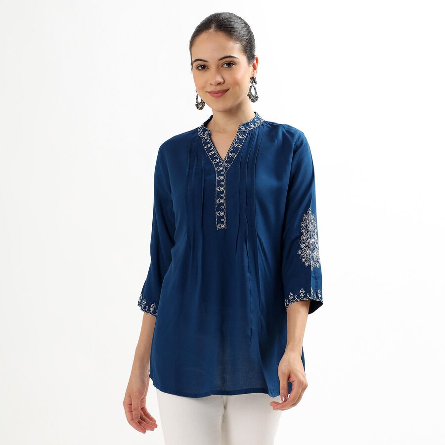Ladies' Deep Midnight Blue V-Neck Embroidered Kurti, Teal Blue, large image number null