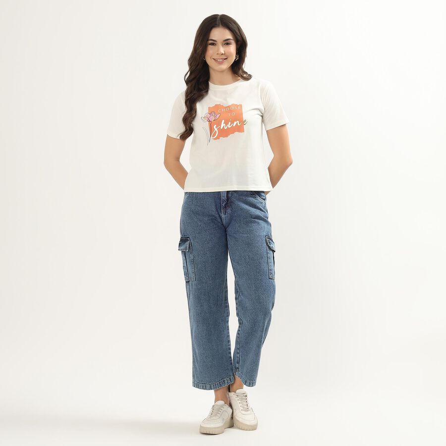 Women's Light Blue Wide-Leg Washed Jeans, मध्यम नीला, large
