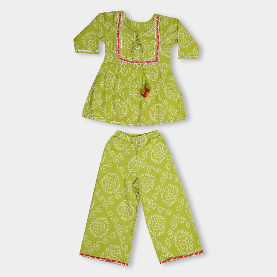 Girls' Bright Lime Green Round Neck Bohemian Upper and Bottom Set, Light Green, large