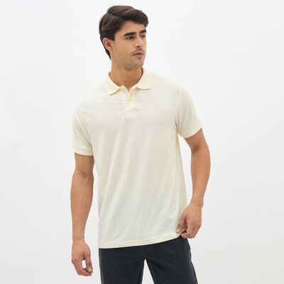 Men's Eggshell White Polo Neck Textured T-Shirt