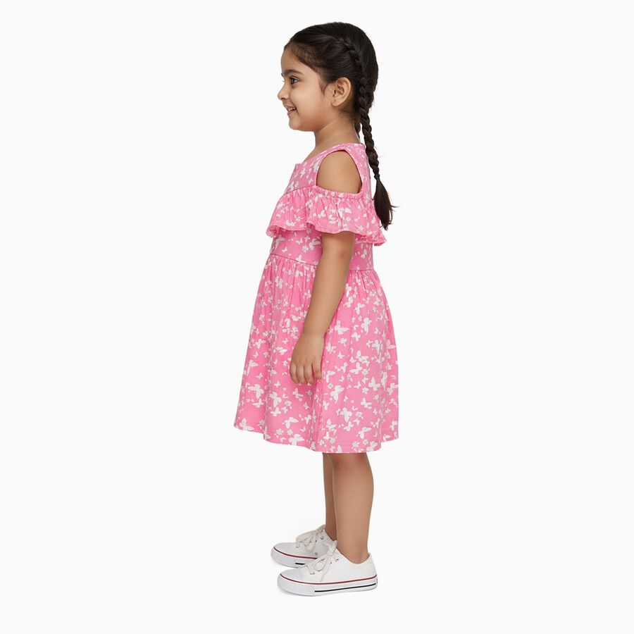 Girls' Bright Pink Butterfly Print Cold-Shoulder A-Line Frock, Pink, large image number null