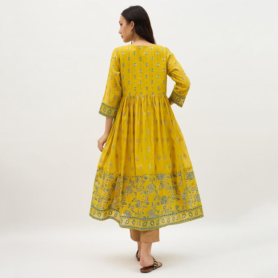 Women's Bright Mustard Yellow V-Neck Embroidered A-Line Kurta, Light Green, large image number null
