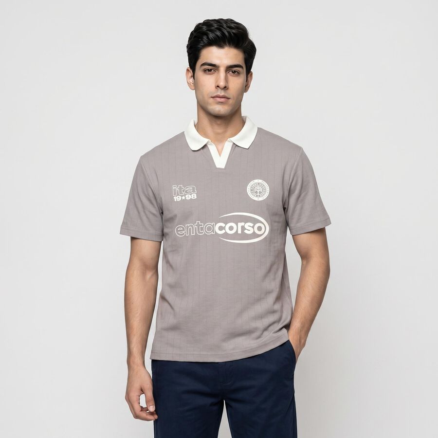 Men Grey Polo Neck Graphic Print T-Shirt, Light Grey, large