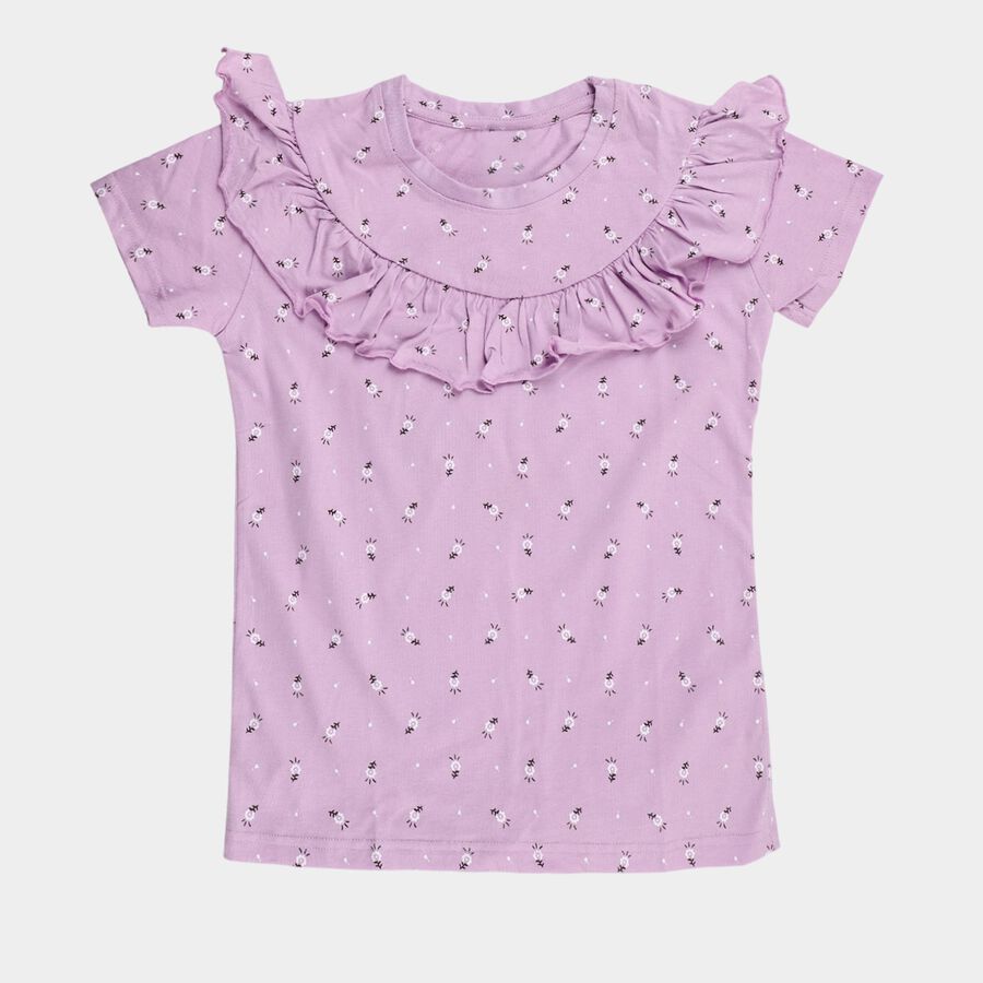 Girls' Purple Cotton Round Neck Graphic Print T-Shirt, Lilac, large