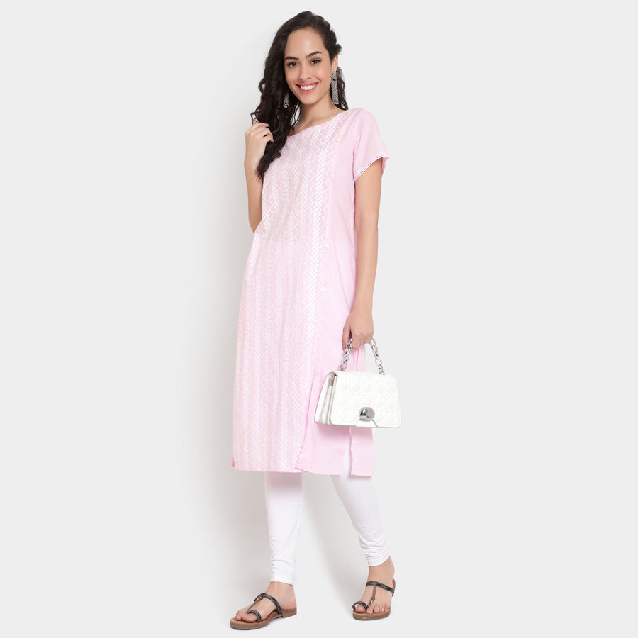 Cotton Embroidered Short Sleeves Kurta, Pink, large image number null