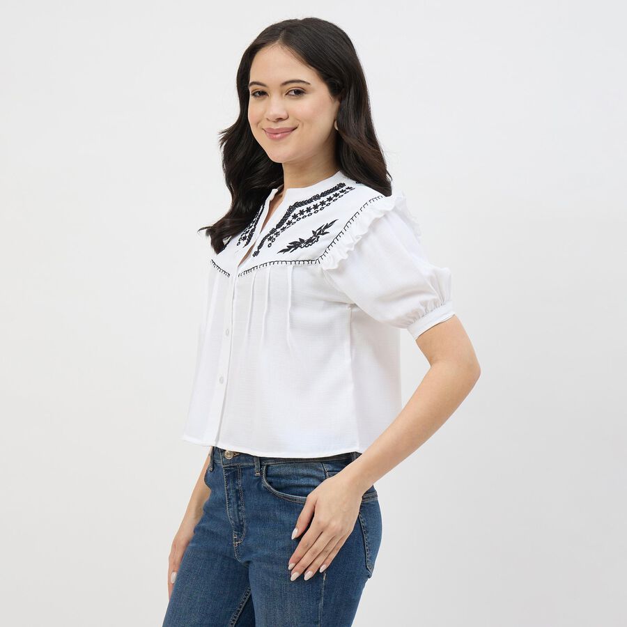 Women's Rich Eggshell White Mandarin Collar Classic Shirt, White, large