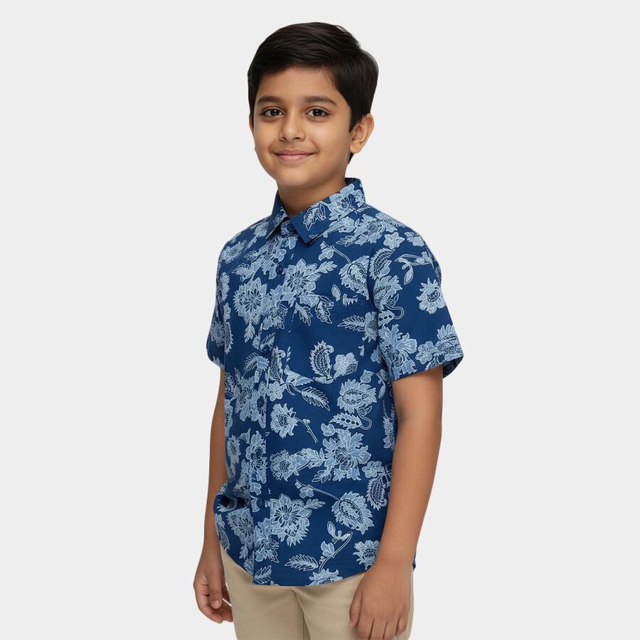 Boys' Navy Blue Cotton Button Down Collar Casual Shirt, Mid Blue, large