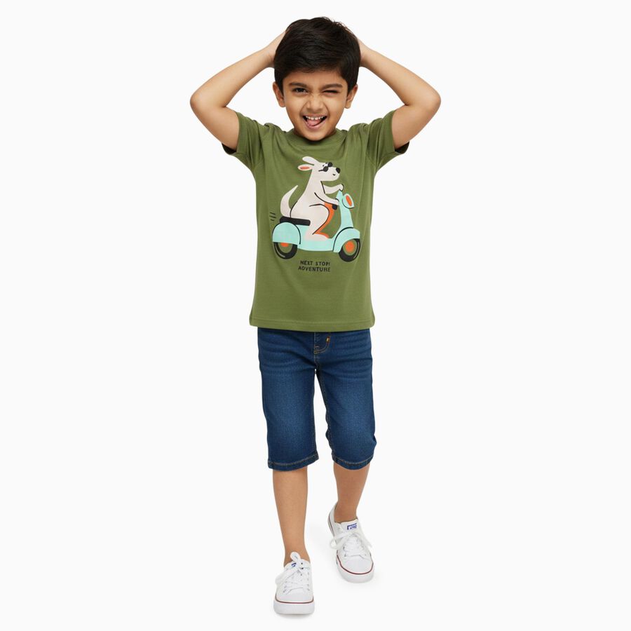 Boys Muted Olive Green Cotton Crew Neck Casual T-Shirt, Olive, large