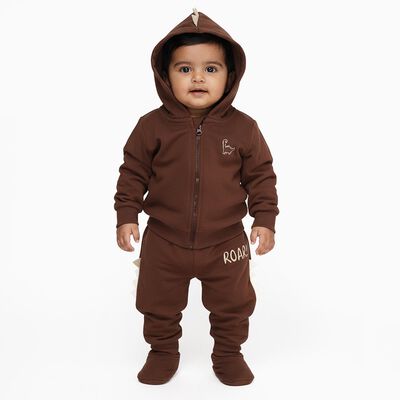 Infants' Brown Cotton Blend Hooded Dinosaur Baba Suit