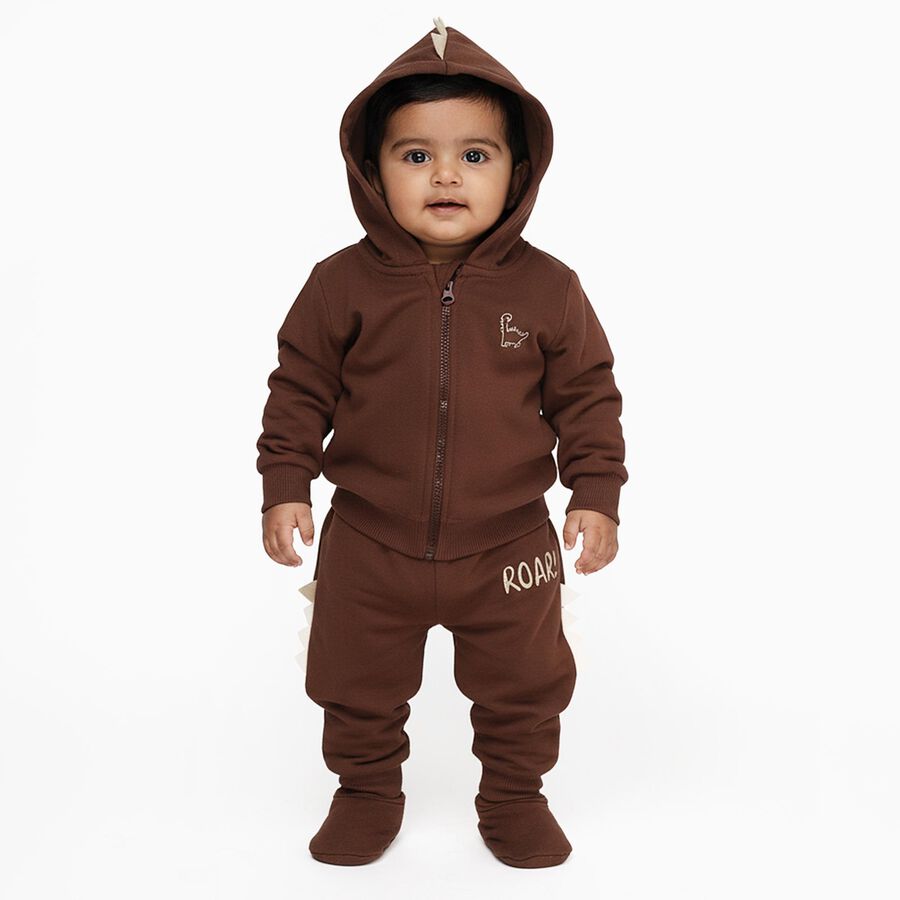 Infants' Brown Cotton Blend Hooded Dinosaur Baba Suit, Brown, large image number null