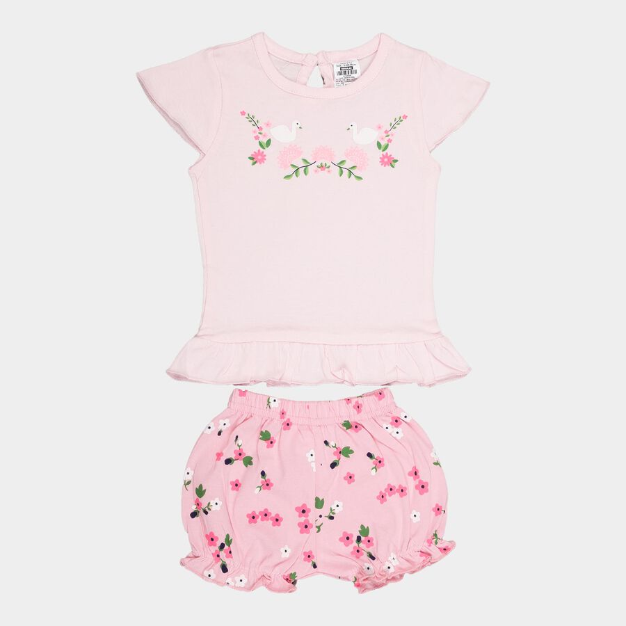 Infants Yellow Hippo Cotton Round Neck Shorts Set, Pink, large image number null