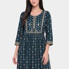 Women's Teal Round Neck Printed Kurta, Teal Blue, small