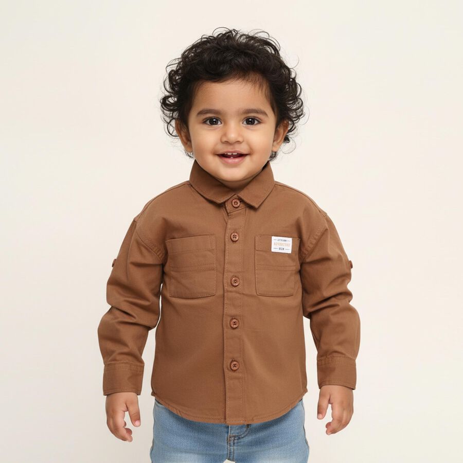 Infants Warm Chestnut Brown Cotton Classic Collar Casual Shirt, Beige, large image number null