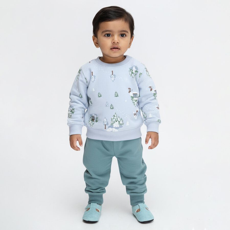 Infants' Light Blue Round Neck Cartoon Print Baba Suit, हल्का नीला, large image number null